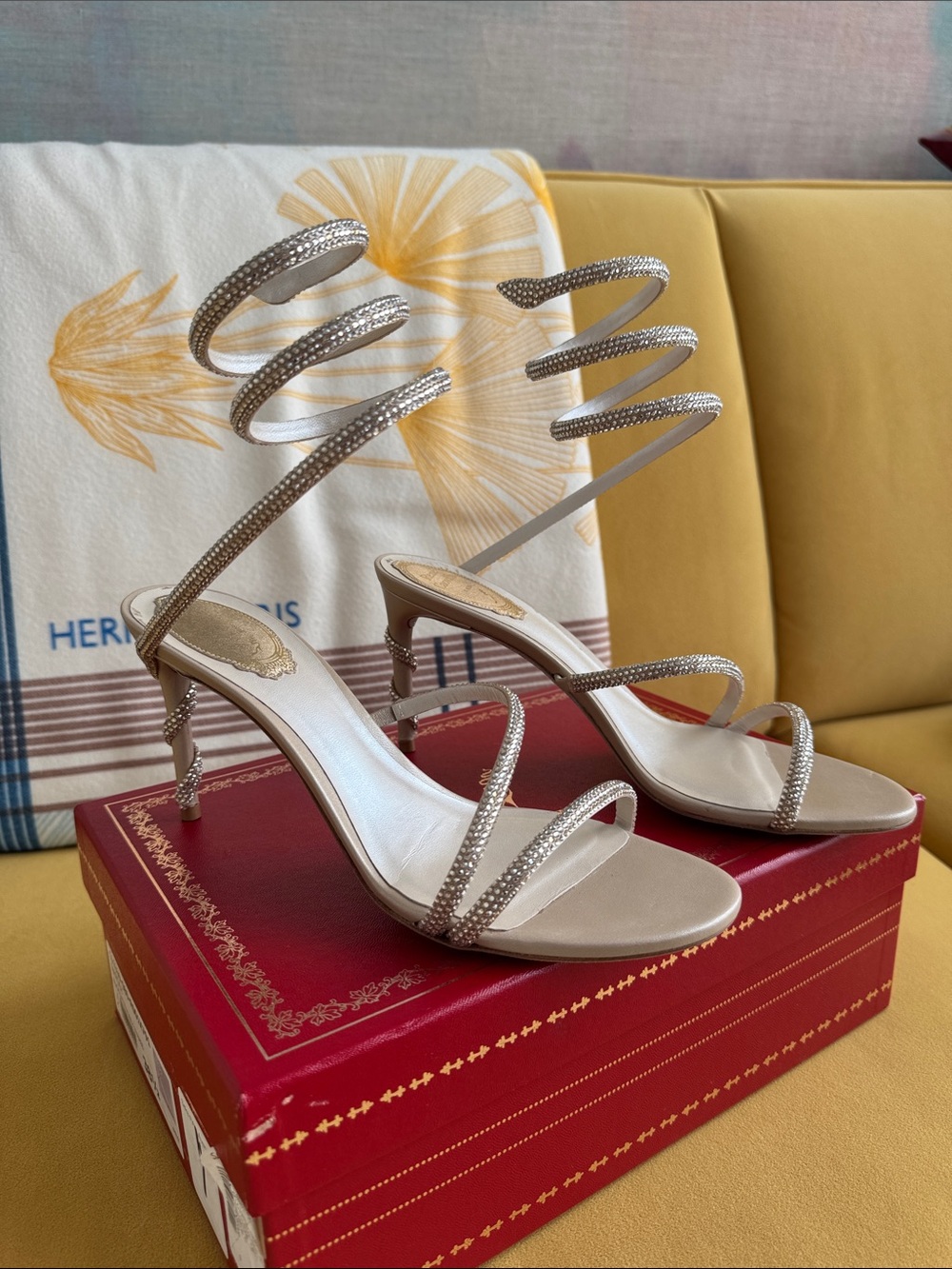 Rene Caovilla Beige Satin/Honey Straps Spiral Wrap Crystal-Embellished Stilettos